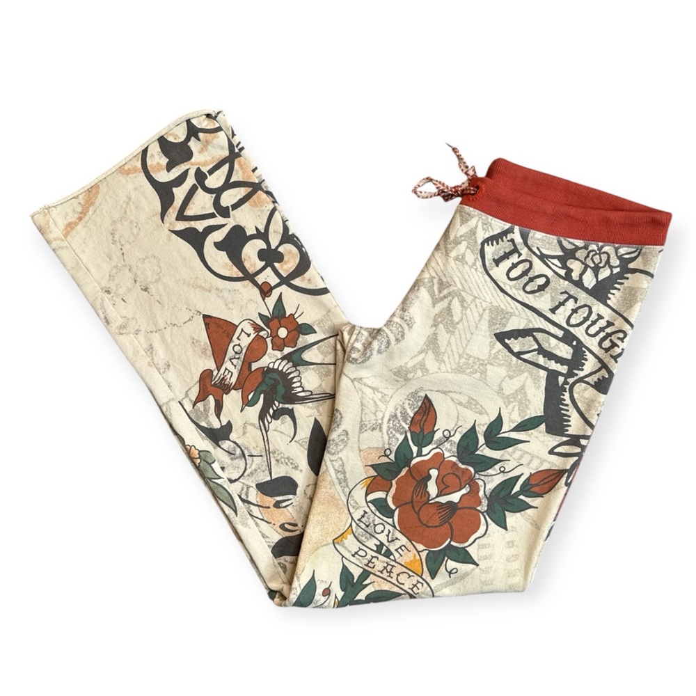 VINTAGE LUCKY BRAND TATTOO PRINT ED HARDY Y2K WIDE LEG SWEATPANTS **RARE** - Picture 4 of 12